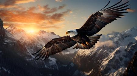 A bald eagle in majestic flight over snow-covered mountains during a vibrant sunset.の写真素材
