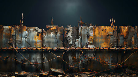 A rusted, damaged metal wall with barbed wire, suggesting a post-apocalyptic scene.の写真素材
