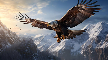A majestic eagle in flight over snow-capped mountains. Breathtaking scenery.