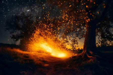 Mystical night scene with fiery sparks near a tree under a starry sky.の写真素材