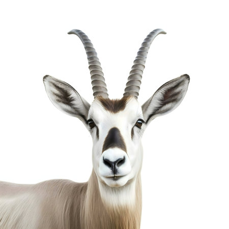 Close-up portrait of a majestic sable antelope against a white backdrop.の写真素材