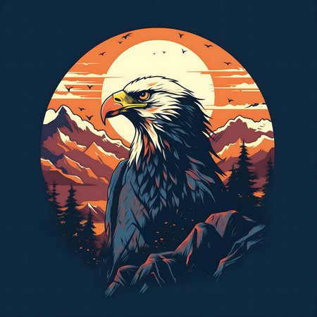 Eagle perched on a mountain at sunset. Beautiful nature scene.の写真素材