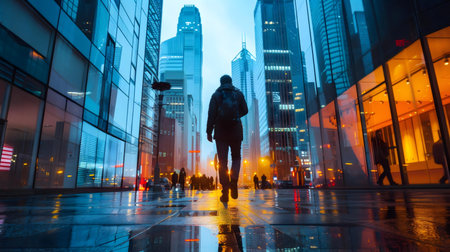 A lone person walks through a modern city at dusk, surrounded by tall buildings and reflections on a wet street.の写真素材