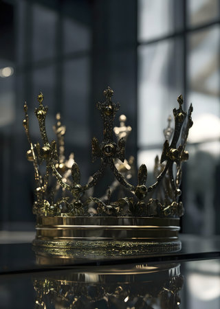 Close-up of a golden crown, reflecting power and royalty.の写真素材