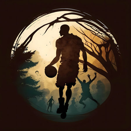 Silhouette of a basketball player dribbling under a moonlit sky. Mystical atmosphere.の写真素材