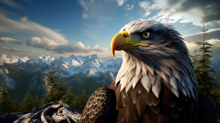 A majestic bald eagle perched on a mountain overlooking a stunning sunrise and snow-capped mountain range.の写真素材