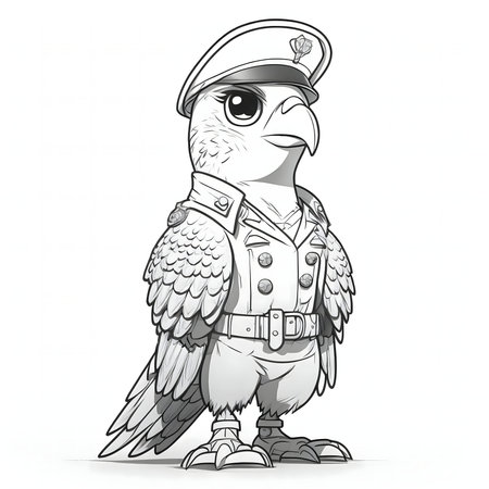 A monochrome illustration of a falcon in military attire. The detailed drawing showcases the bird's elegance and power.の写真素材