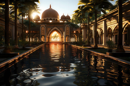 Golden hour illuminates a stunning Islamic building reflecting in a tranquil pool.の写真素材