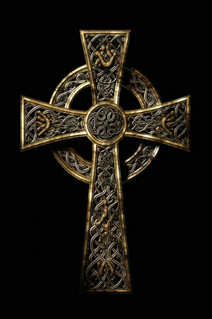 Intricate Celtic cross with gold and silver details on a black background.の写真素材
