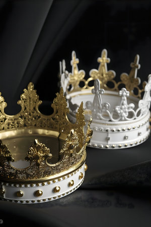 Two exquisite crowns, one gold and one white, rest on a dark background.