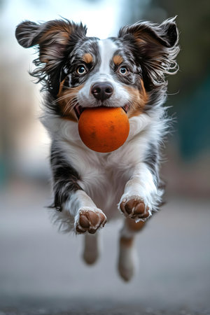 A happy dog mid-air with an orange ball. Pure joy and playful energy!