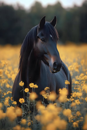 A stunning black horse stands amidst a field of vibrant yellow flowers. Serenity and beauty captured.の写真素材