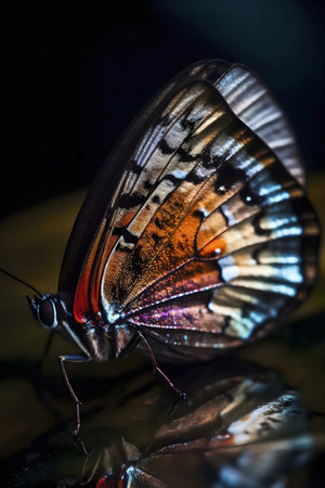 A stunning close-up of a butterfly at night, its wings reflecting in a dark surface.の写真素材