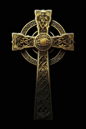 A detailed image of a Celtic cross with intricately gold and black knotwork design.の写真素材