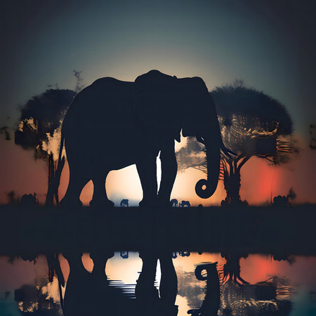 Silhouette of an elephant at sunset, reflected in water, African savanna.の写真素材