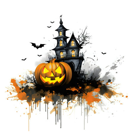 A digital painting of a haunted house and a jack-o'-lantern for Halloween.の写真素材