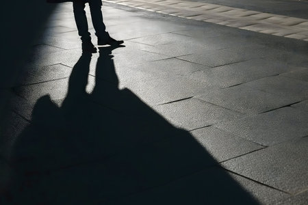 A person's silhouette and shadow stretch across a nighttime street.の写真素材