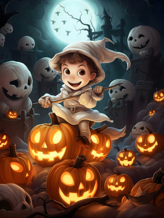 A cute child on a pumpkin ride amidst jack-o'-lanterns and friendly ghosts on a magical Halloween night.の写真素材