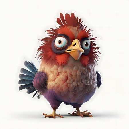 A comical 3D rendered cartoon rooster with surprised expression.の写真素材