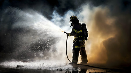 A lone firefighter bravely battles a raging inferno, spraying water amidst smoke and fire. A powerful image of courage.の写真素材