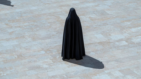 A mysterious person in a long black robe casts a shadow on a stone pavement.