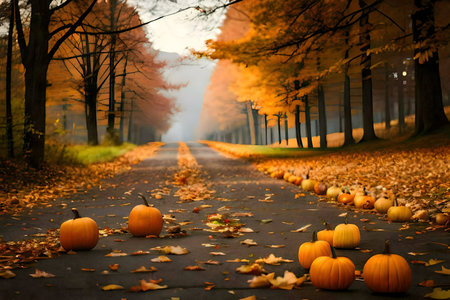 Pumpkins scattered on an autumn road lined with golden trees.の写真素材