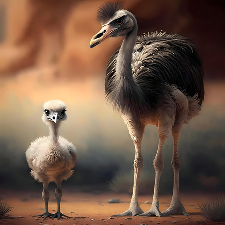 A digital painting of a Rhea and her fluffy chick. The warm light of the sunset bathes them in a golden glow.の写真素材