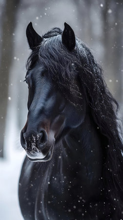 A stunning black stallion stands gracefully in a winter scene, snow falling gently around it.の写真素材