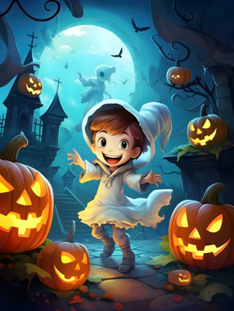 A happy child in a ghost costume enjoys a spooky Halloween night.の写真素材