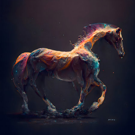 A vibrant digital painting of a horse, appearing as if made of flowing paint.の写真素材