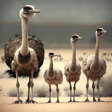 A stunning image of ostriches in their natural habitat. The family of ostriches are standing majestically in the sunlit savanna.の写真素材