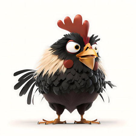 A fun, 3D-rendered cartoon rooster with a surprised expression.の写真素材