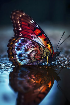A colorful butterfly drinks water, its reflection mirroring its beauty.の写真素材