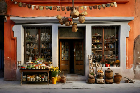 A captivating image of an old shop on a sunlit street, showcasing its charming character and colorful exterior. The window displays a variety of goods.の写真素材