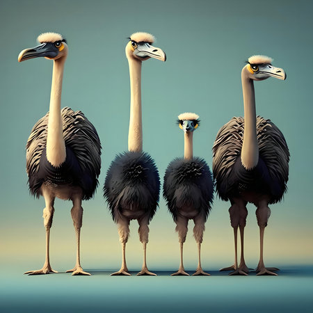 Four cartoon ostriches, a family portrait. Digital art, humorousの写真素材