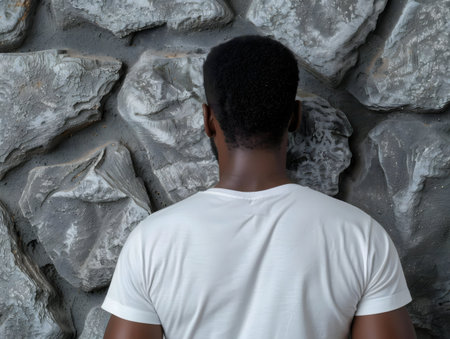 A man stands facing a textured stone wall, his back to the camera, suggesting contemplation or solitude.の写真素材