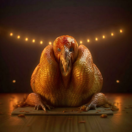A digitally rendered image of a roasted turkey with a dinosaur-like face.の写真素材