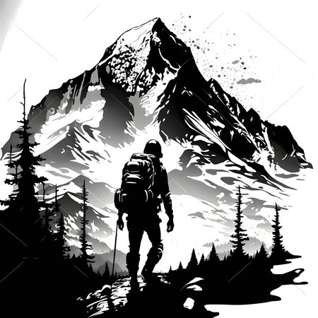A hiker with a backpack facing a majestic mountain. Black and white illustration of a scenic adventure.の写真素材