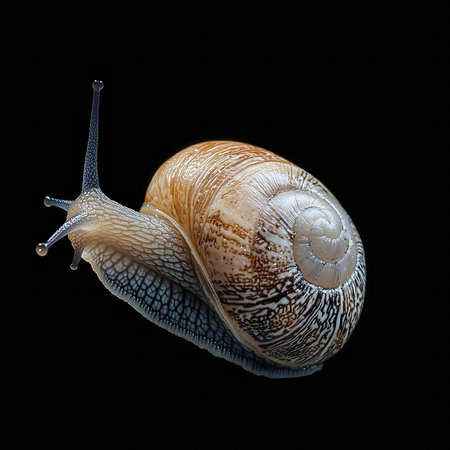 A detailed macro photograph of a land snail against a black background showing intricately shell patterns.の写真素材