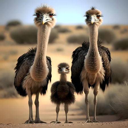 Three ostriches, two adults and a chick, stand together in a desert setting.の写真素材