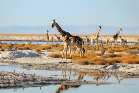 Giraffes near a watering hole in the African savanna.の写真素材