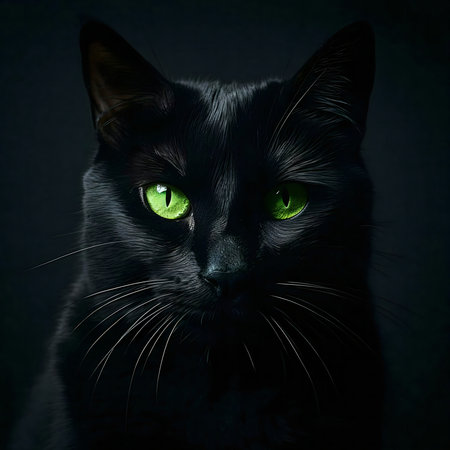 Close-up portrait of a black cat with bright green eyes. Mysterious and captivating.の写真素材