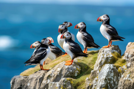A group of puffins perched on rocks near the ocean.の写真素材