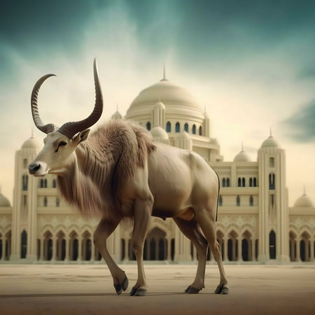 An Arabian oryx stands majestically before a grand mosque.の写真素材