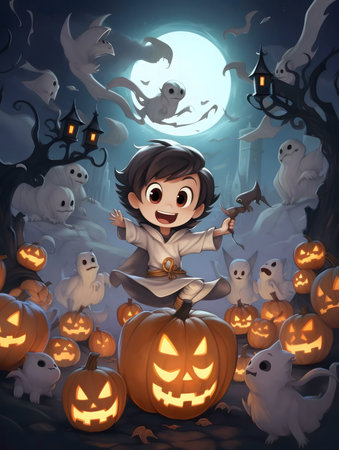 A cheerful child enjoys a spooky Halloween night surrounded by pumpkins and friendly ghosts.の写真素材