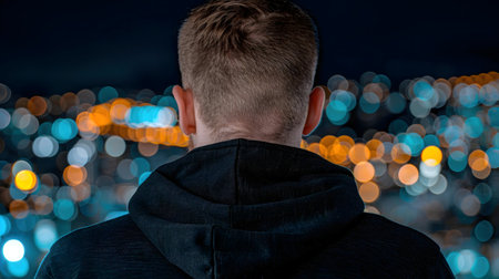 A man looks out at a city at night. The lights are blurred, creating a dreamy atmosphere.の写真素材