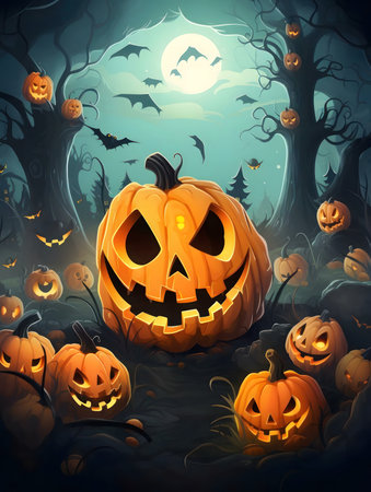 Jack-o'-lanterns illuminate a spooky forest at night.の写真素材