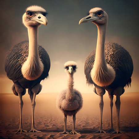 A captivating digital painting of an ostrich family. Two adults and a fluffy chick stand majestically.の写真素材