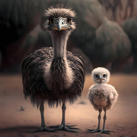A stunning digital painting of a Rhea and her chick. The image showcases the detail and beauty of these birds.の写真素材