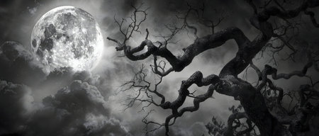 A large full moon illuminates a gnarled, leafless tree against a cloudy night sky. The scene evokes...